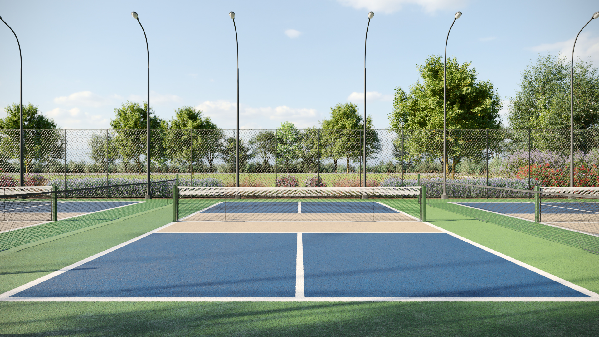 Community pickleball court rendering with shaded viewing seating.