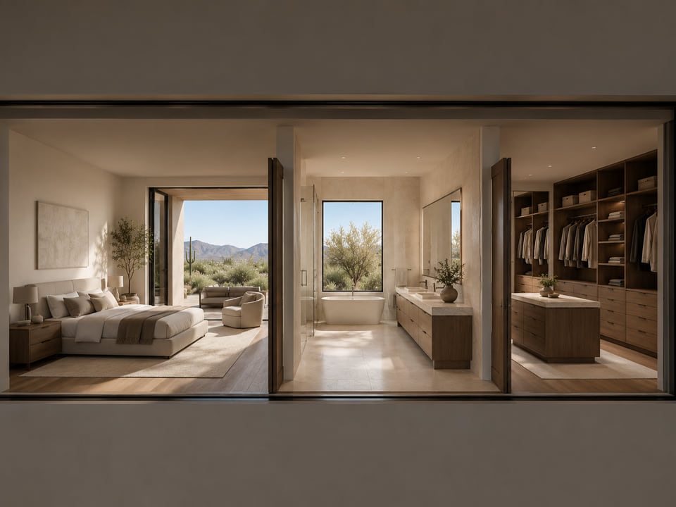 Desert-modern primary suite rendering showing bedroom, spa bathroom, and walk-in closet with mountain views