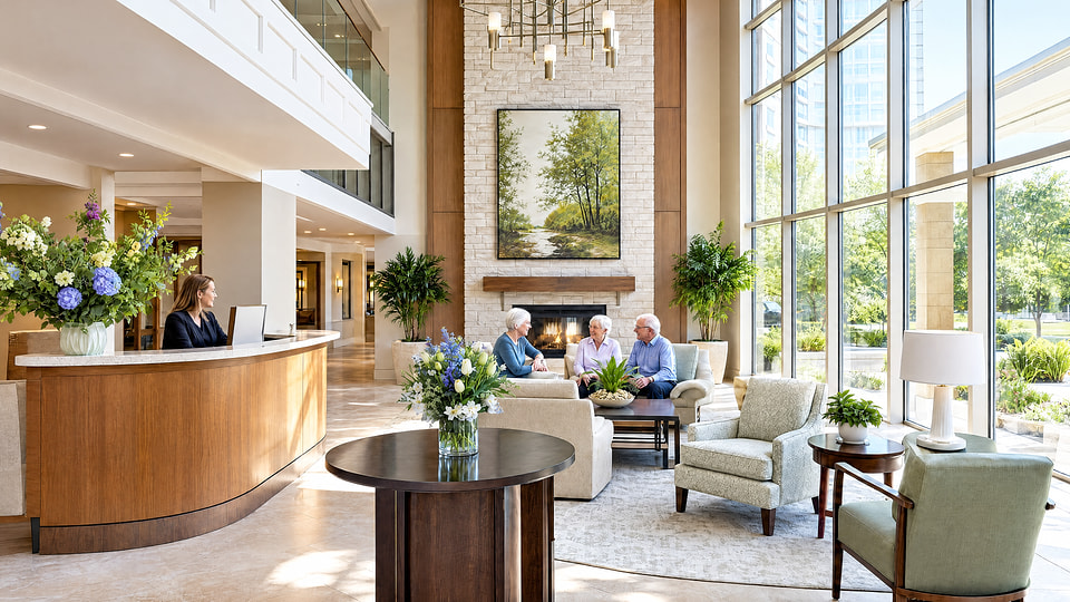Senior living lobby rendering with reception, fireplace seating, and garden views