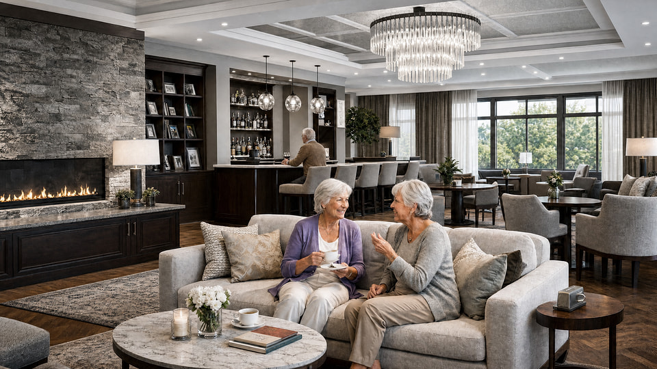 Senior living community lounge with residents, fireplace seating, and a hospitality-style bar