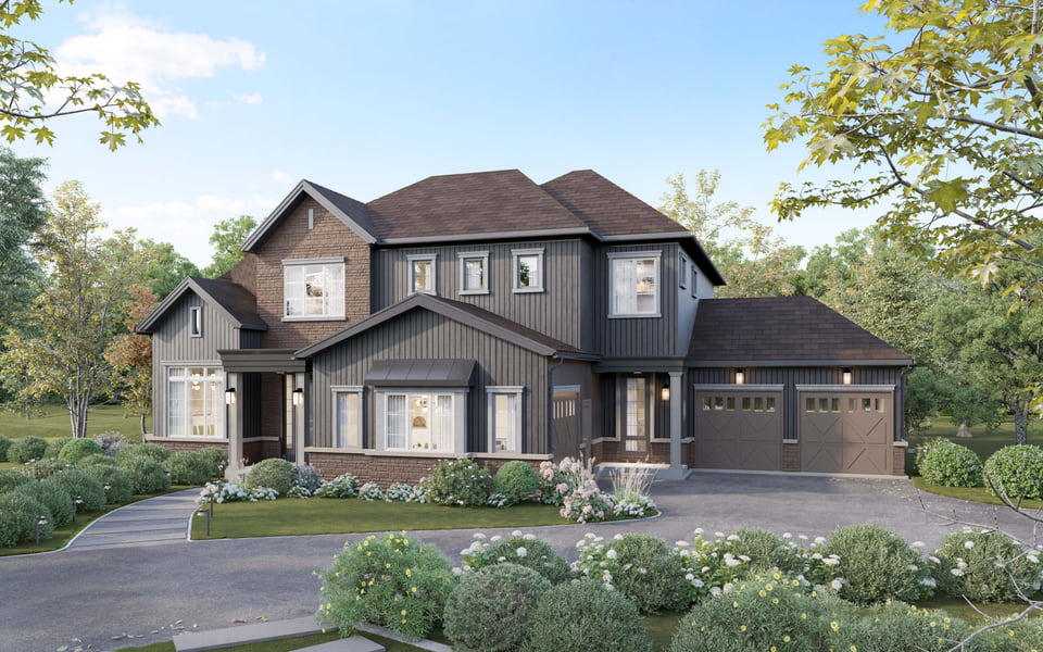 A single-family home rendering featuring a modern design with large windows, a spacious front yard, and a two-car garage.
