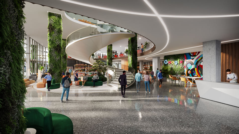 Rendering of a corporate office lobby with double-height ceilings and modern lighting