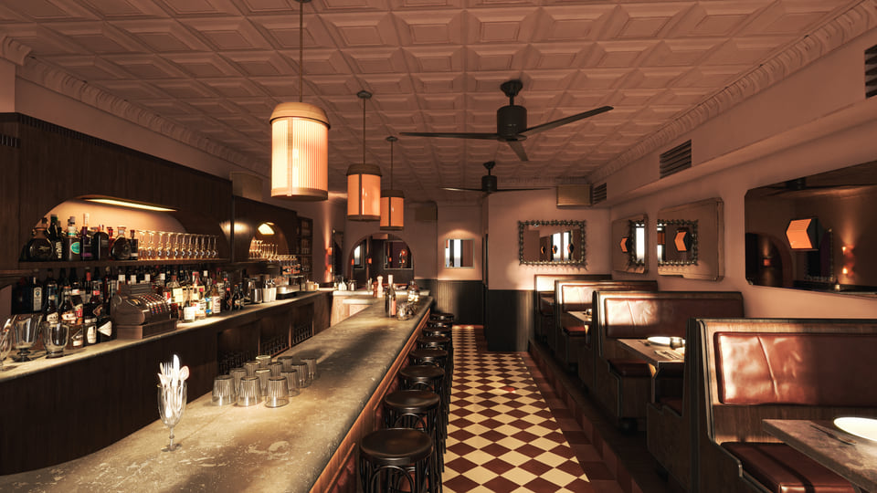 180 Spring Street, New York NY — SoHo restaurant interior rendering with warm pendant lighting, banquette seating, and open kitchen backdrop by Radical Galaxy Studio