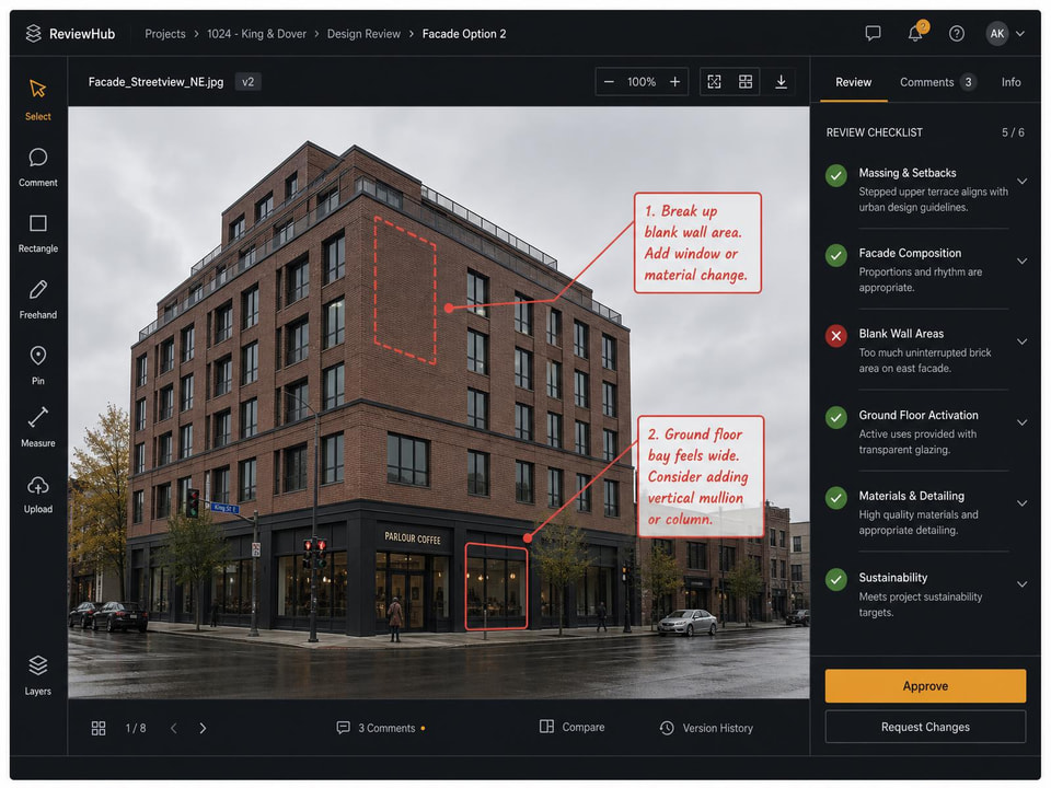 Architectural design review interface with markup and quality checks applied to an AI concept.