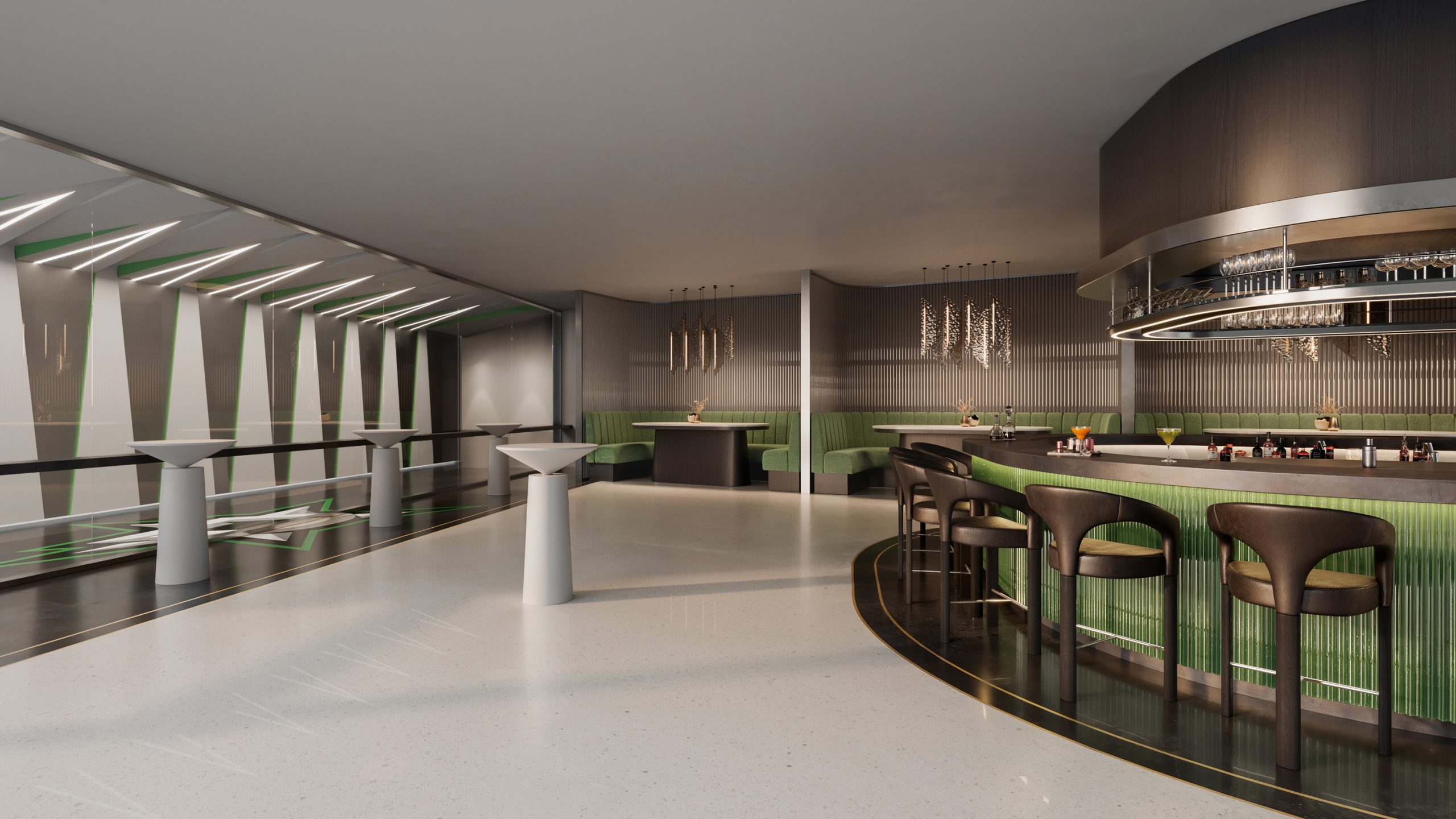 3D architectural rendering of a sports stadium hospitality suite with open bar seating, modern interior design, and field views.