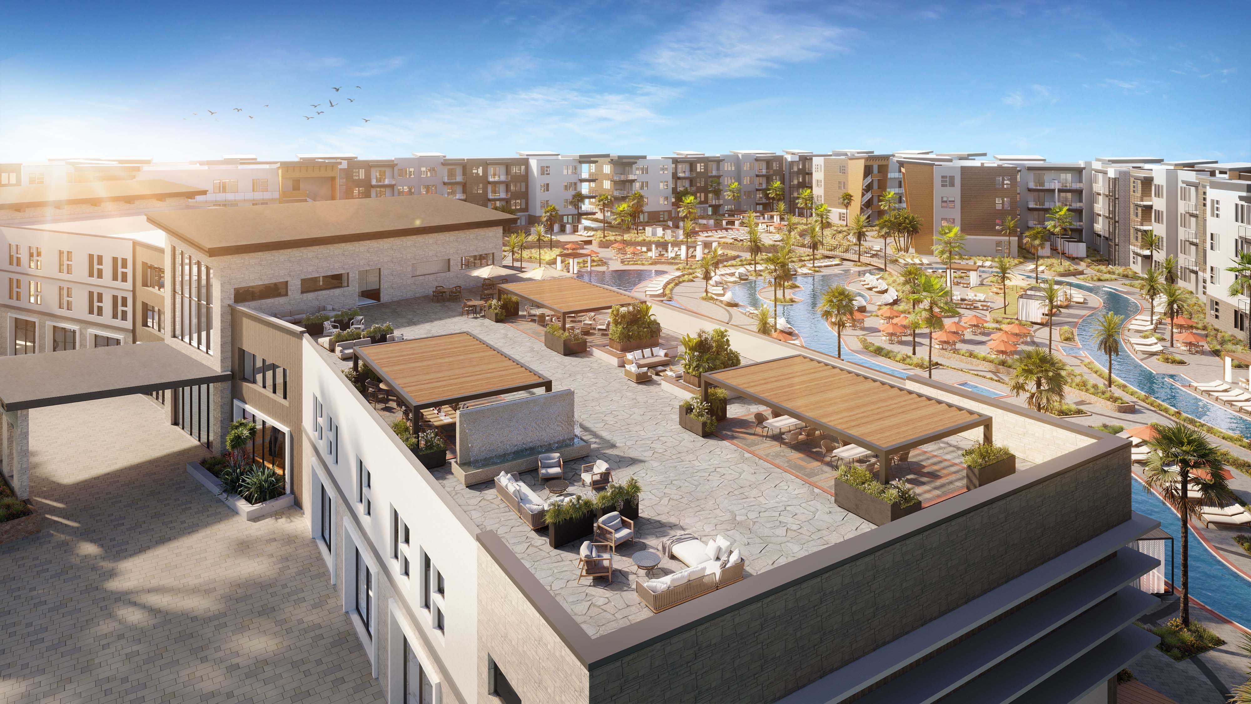 Utah multi-family rooftop rendering with shared outdoor seating, garden areas, and contemporary architectural style.