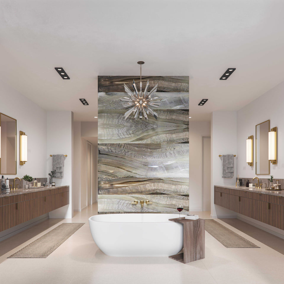 The Colorfield Austin multifamily primary bathroom rendering with double vanity