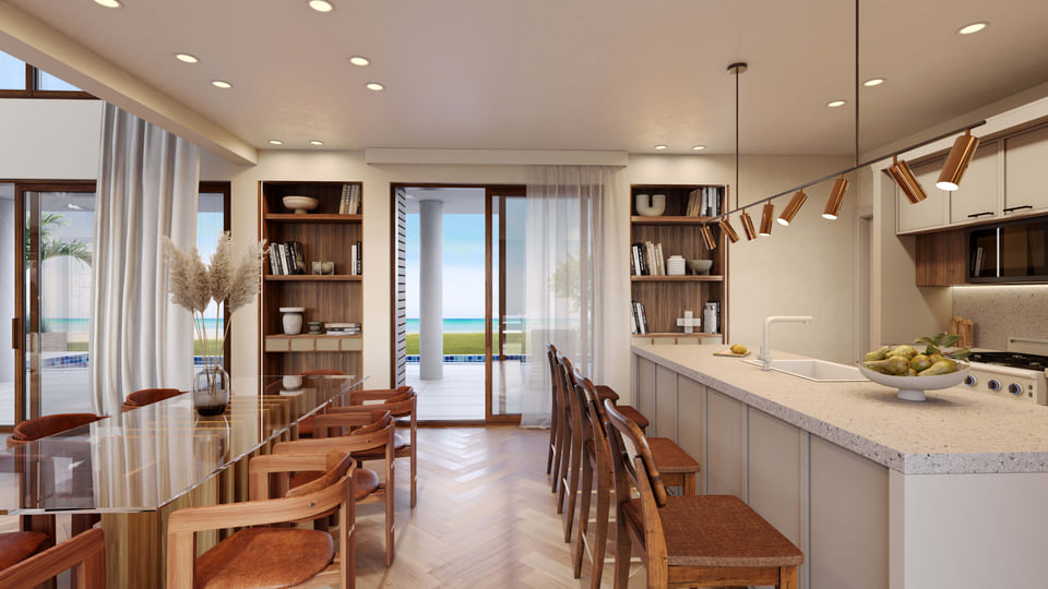 A 3D visualization of a Caribbean island home interior, showcasing a modern kitchen with high-end appliances, an island with seating, and tropical-themed decor.