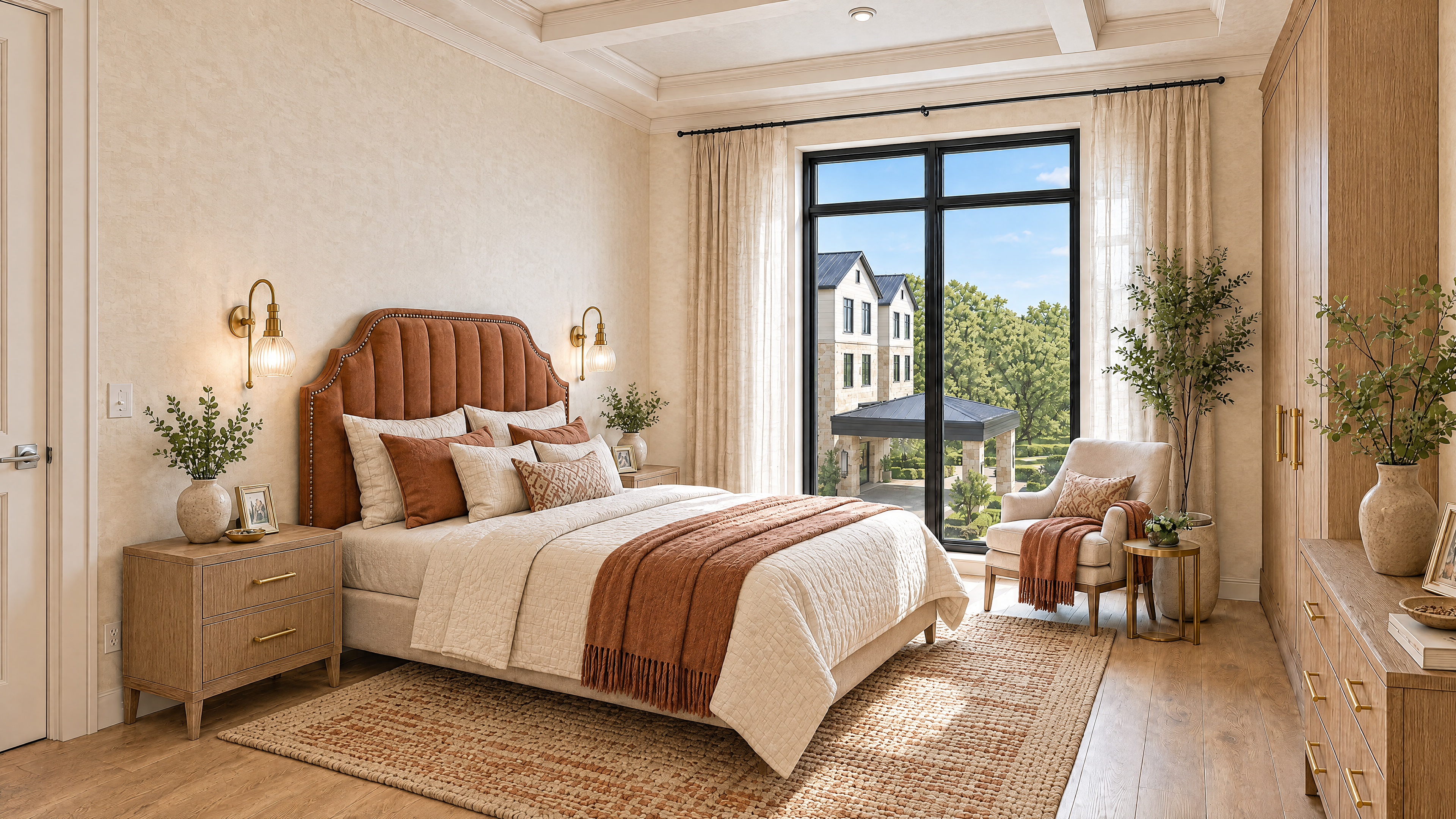 Senior living apartment bedroom rendering with natural light, real-scale furniture, and a view to landscaped grounds