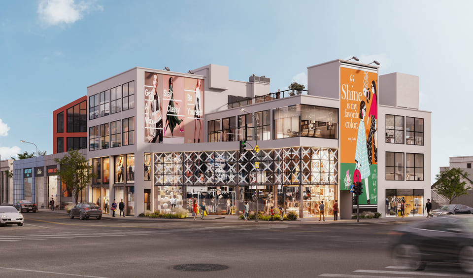 Los Angeles CA. Street level rendering of a boutique retail corner with diagrid glazed storefront, second floor showrooms, and mural scale fashion graphics above the sidewalk by Radical Galaxy Studio