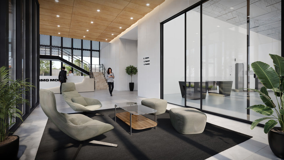 Warehouse expansion addition interior rendering showing new bay depth, clear height, and column grid