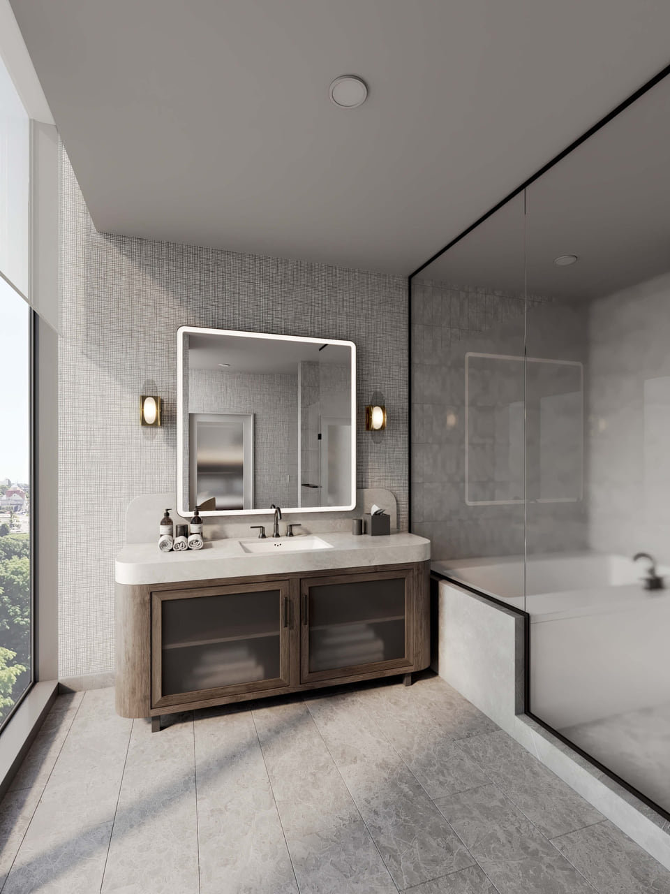 Hotel bathroom rendering with marble vanity, backlit mirror, and glass shower