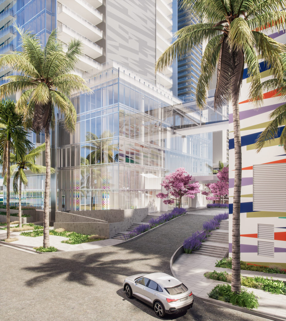 High-rise exterior rendering, Missoni Baia Miami tower at dusk with illuminated porte-cochere.