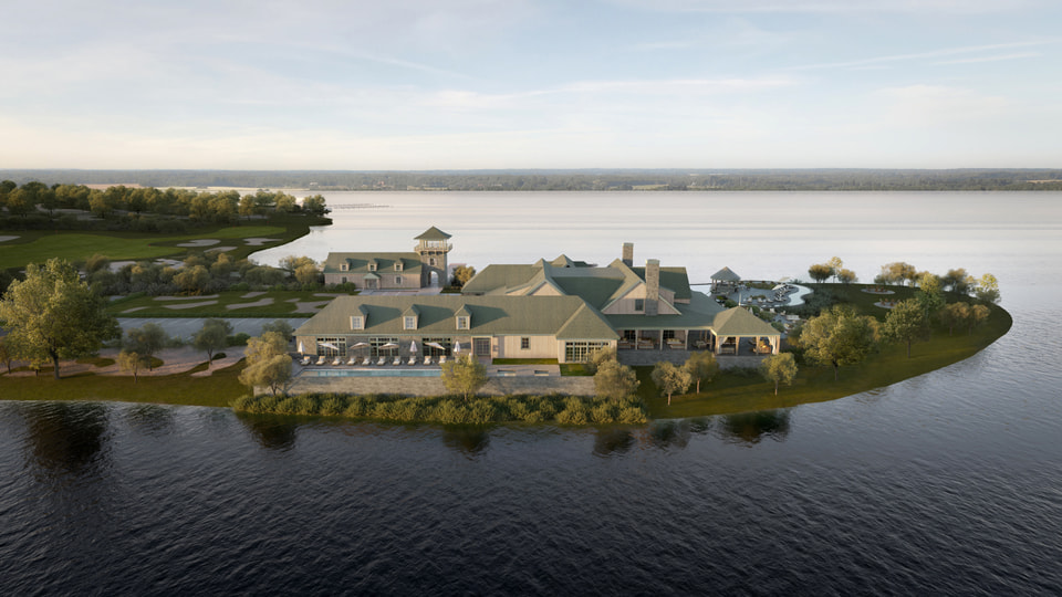 Freestone Club, Fairfield TX. Aerial rendering of the lake and golf clubhouse with pool terrace, observation tower, and championship holes running to the shoreline by Radical Galaxy Studio