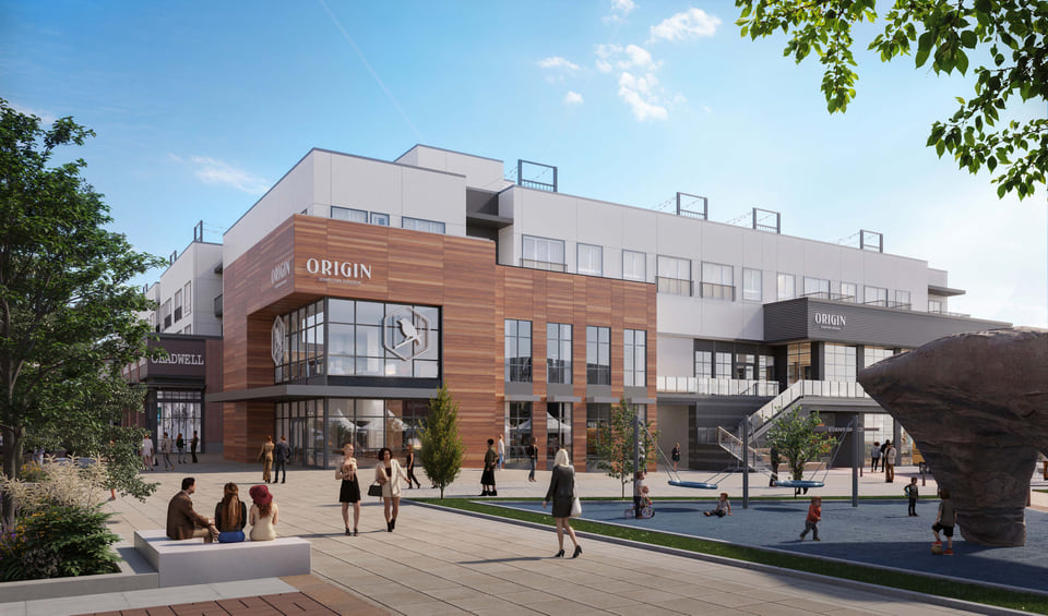 Multifamily corner exterior rendering, daylight hero view emphasizing the entry expression.