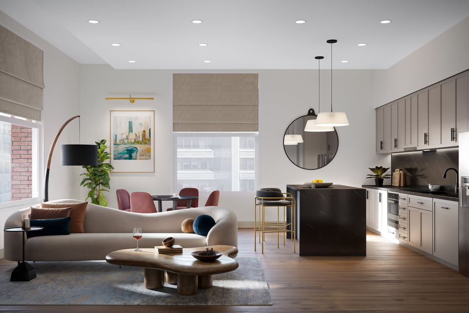 79 Monroe, Chicago IL — Ware Malcomb. Sunlit two-bedroom residence with curated material palette and city views by Radical Galaxy Studio