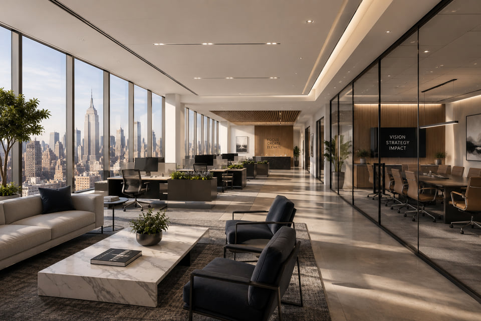 Manhattan residential-style lounge rendering with marble coffee table and Empire State skyline views