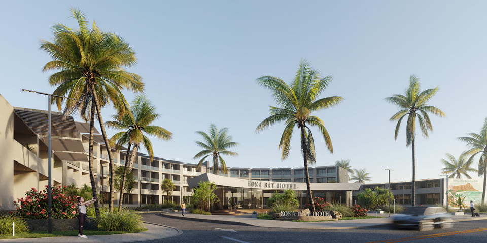 Kona Bay Hotel, Hawaii — tropical hotel arrival and street-facing exterior