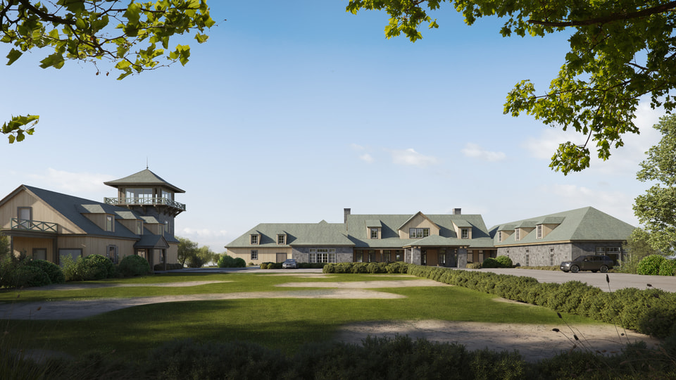 Freestone Club, Fairfield TX. Rendering of the golf clubhouse approach across the practice lawn with the observation tower, board and batten wings, and shingled gables by Radical Galaxy Studio