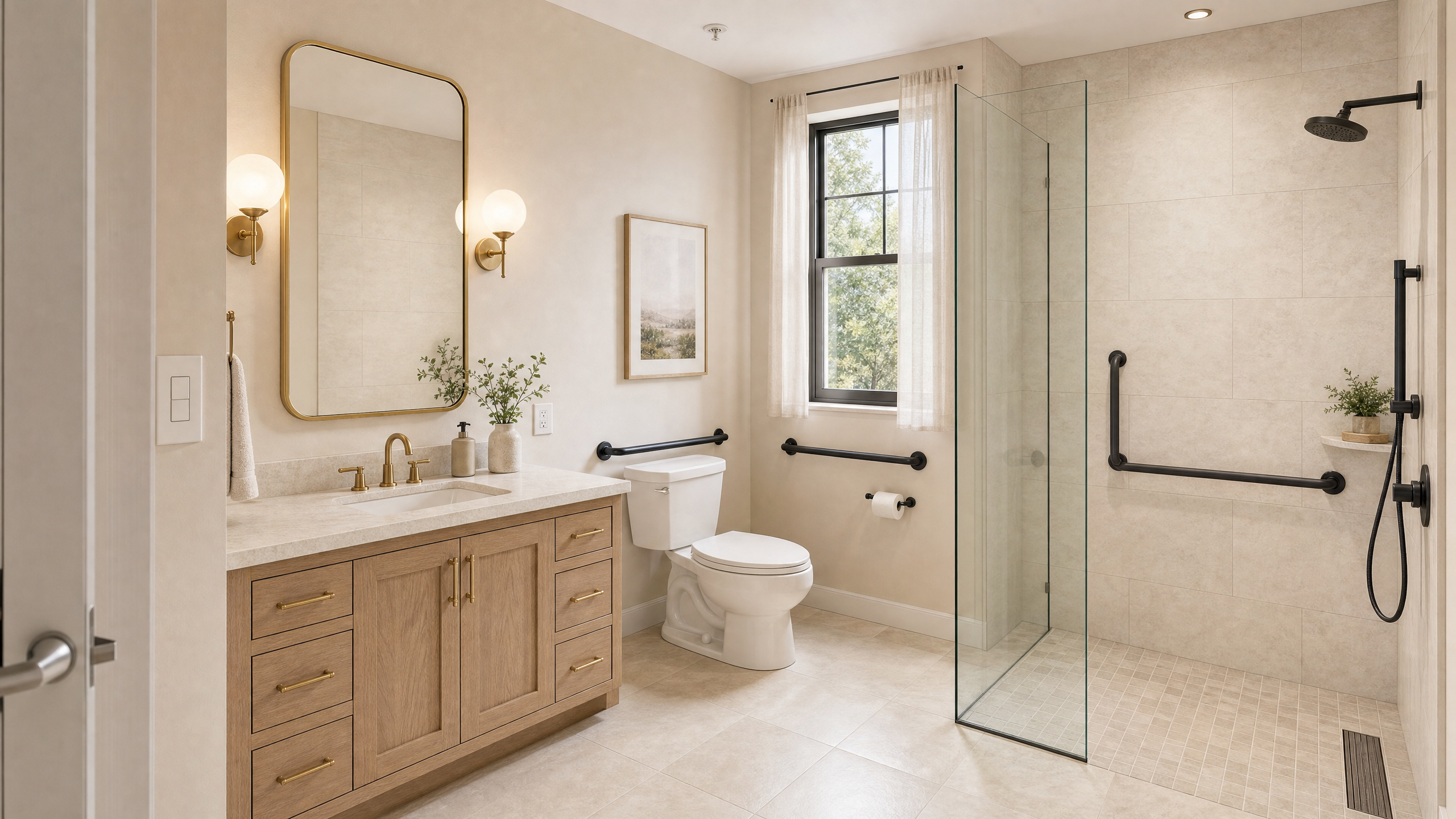Accessible senior living bathroom rendering with grab bars, curbless shower, and clear turning space, designed to look residential