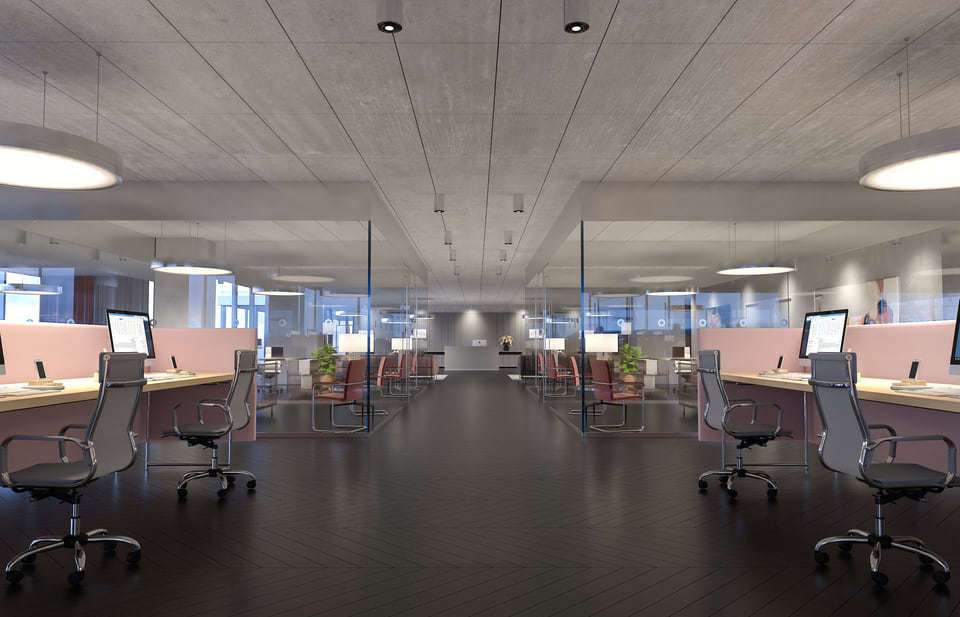 3D architectural rendering of an open-concept corporate office interior featuring glass partitions, collaborative workstations, and industrial-style ceilings.