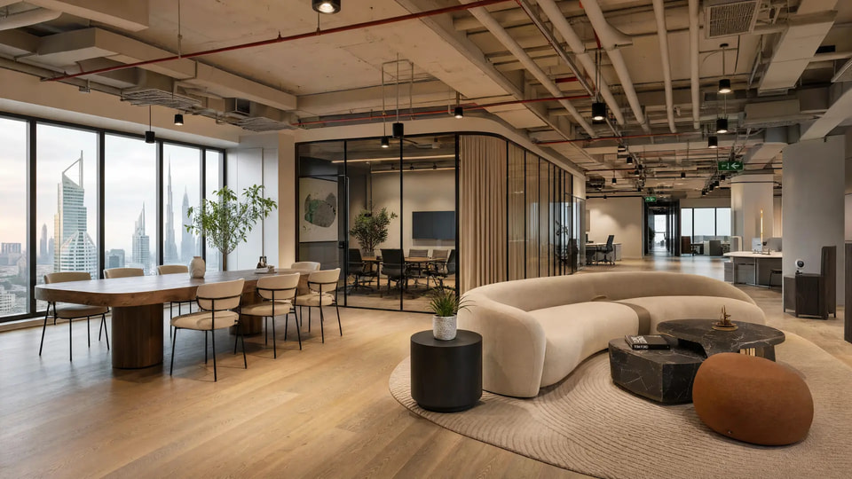 AI-generated concept rendering of a contemporary office lounge interior with Dubai skyline visible through floor-to-ceiling windows.