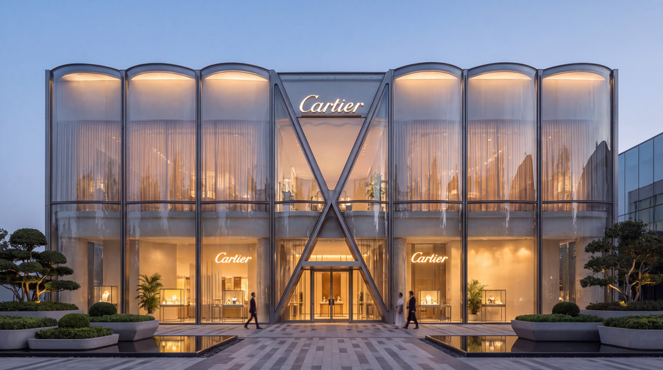 Luxury flagship boutique storefront rendering at dusk with arched fluted glass bays and illuminated brand signage