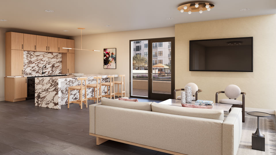3D visualization of Arlington multifamily apartment lounge by Radical Galaxy Studio showcasing open seating and warm, inviting design