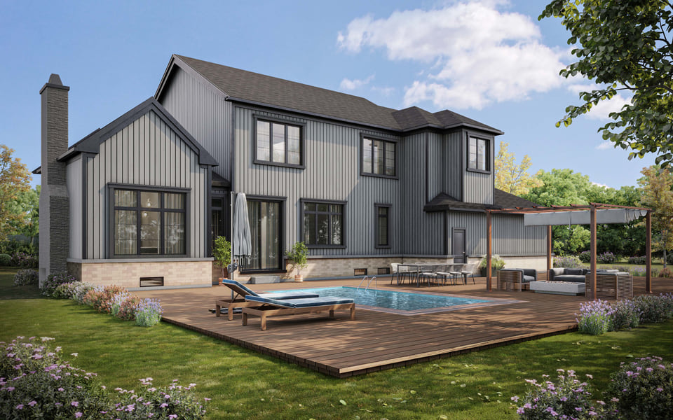 Single-family home rear elevation rendering with dark vertical board-and-batten siding, poolside deck, and dining pergola.
