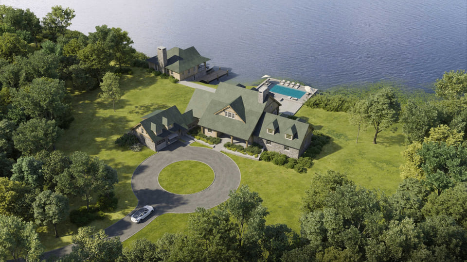 Aerial rendering of a luxury lakeside single-family estate in Texas with circular driveway, guest house, and pool