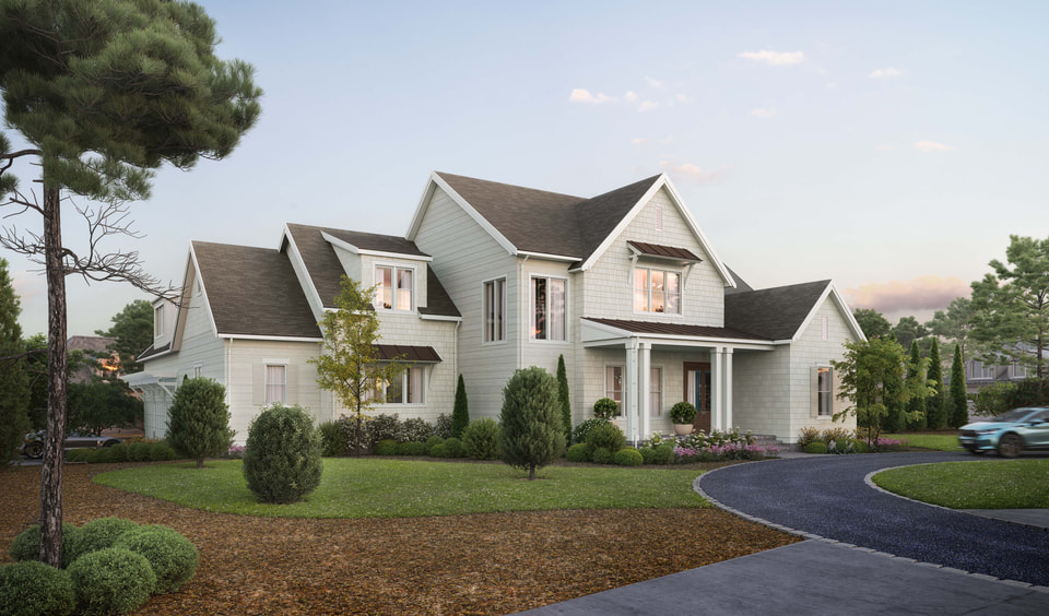 Rendering of a single-family home in North Carolina, featuring a charming exterior with a front porch, large windows, and a well-manicured lawn
