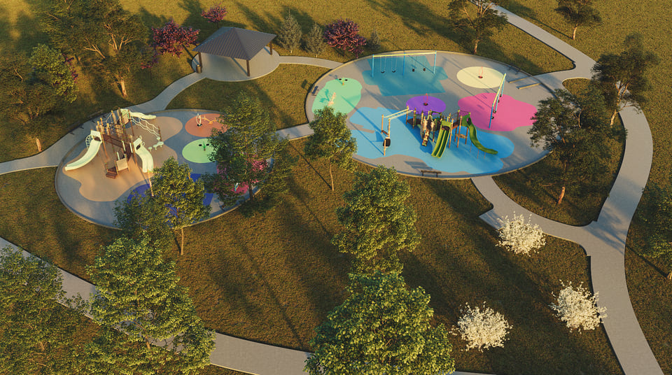 Lennar community park and playground amenity rendering with play structures, slides, swings, and a shaded pavilion