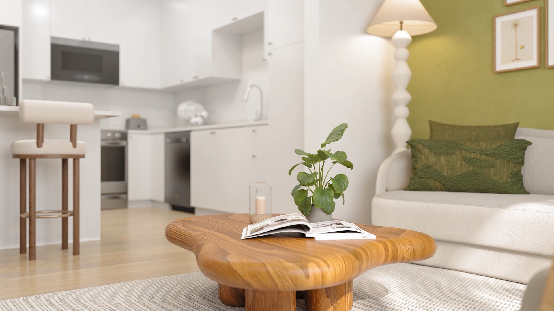 A single-family home rendering with stone accents, a cozy porch, and well-maintained greenery.