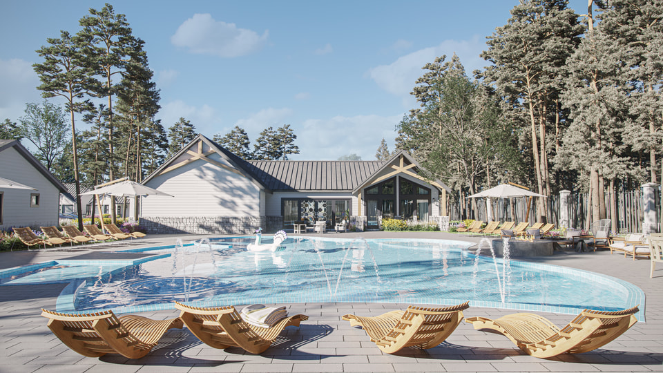 Residential community clubhouse exterior rendering with landscaped arrival and covered entry