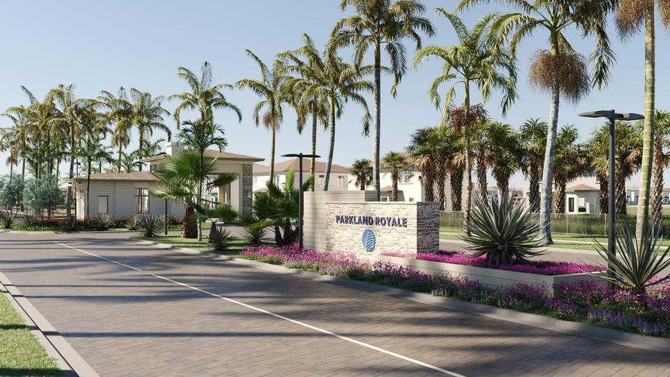 Lennar Parkland Royale single-family community entry monument rendering with palm-lined boulevard and guardhouse