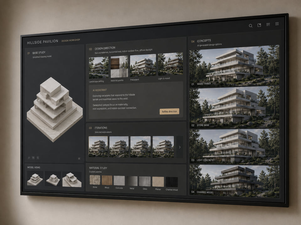 AI design workshop interface showing a hillside pavilion project with base massing study, material palettes, iteration thumbnails, and four generated concept renderings in warm timber, stone base, light concrete, and charred wood finishes.