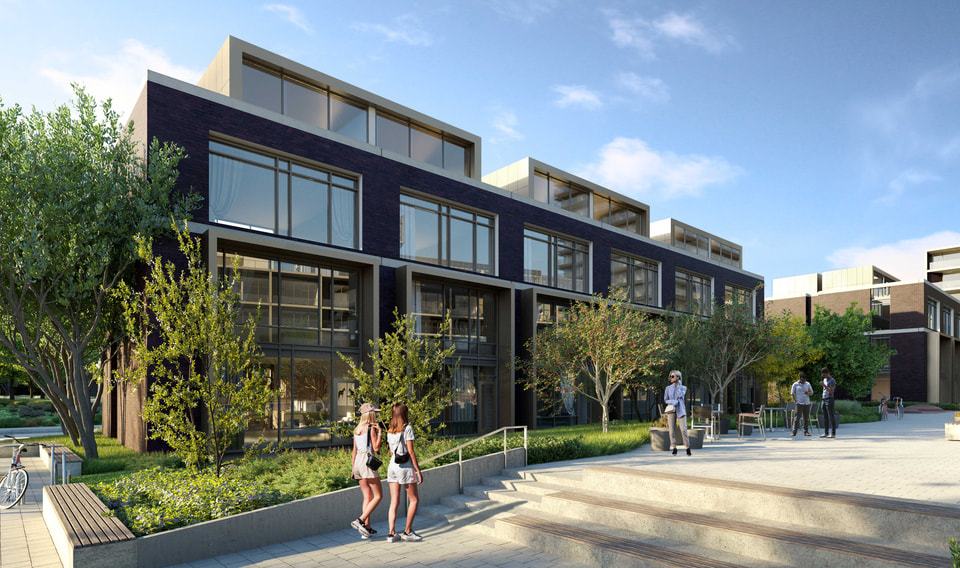 Multifamily hero exterior rendering, three-quarter daytime view with landscaped forecourt.