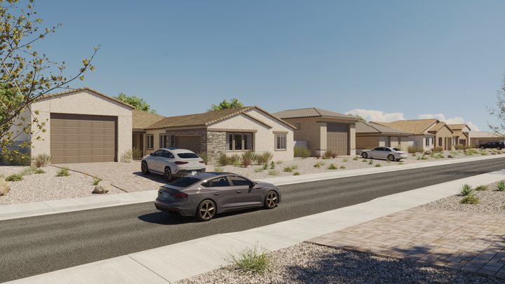 Single-family production home streetscape rendering, daytime eye-level view with neighboring plans.