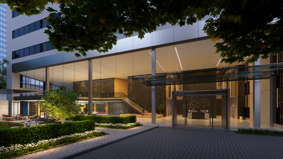 The Sinclair (formerly Energy Plaza), 1601 Bryan Street, Dallas TX, Todd Interests with HKS. Dusk rendering of the glazed plaza entry pavilion with lit lobby beyond and clipped hedge planting by Radical Galaxy Studio
