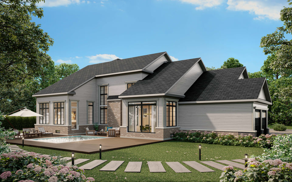 Single-family home rear elevation rendering with gabled shingle roof, in-ground pool with sundeck, and stone-paver walkway.