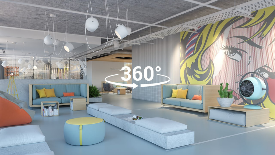360° tour poster of the Cascadian office workspace floor with collaborative seating and city views