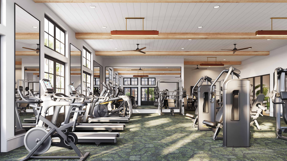 Cortland Colburn, Atlanta GA — Cortland. Fitness center with full-floor gym, strength, cardio, and stretch zones by Radical Galaxy Studio