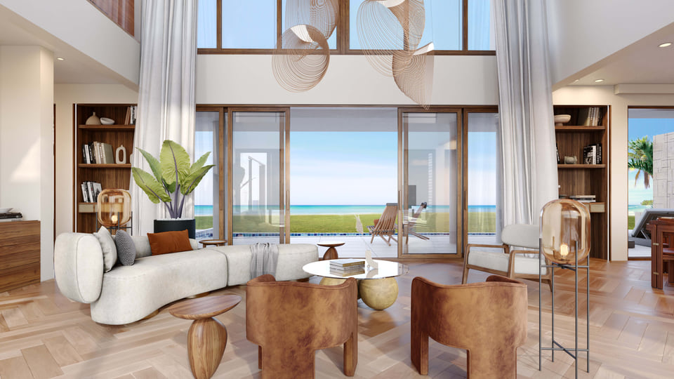 A rendering of a luxurious Caribbean island home interior, featuring an open-concept living area with large windows offering ocean views, decorated in light, airy colors.