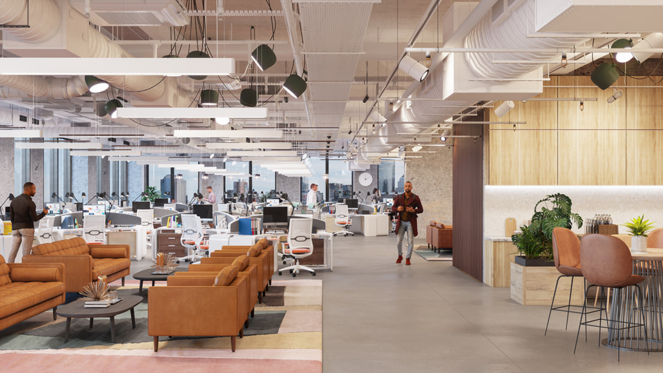 70 Hudson Street, Jersey City NJ — Spear Street Capital. Tenant pantry and cafe rendering with communal seating and Lower Manhattan skyline through the curtain wall by Radical Galaxy Studio