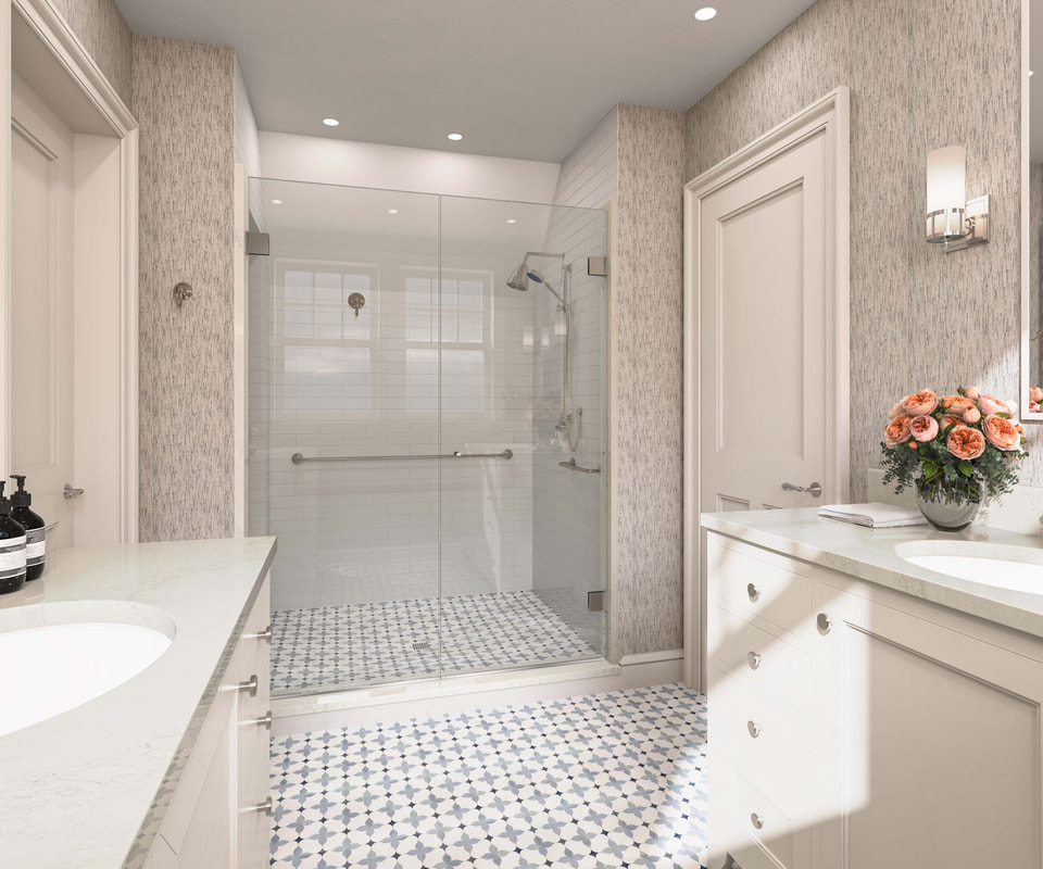Architectural visualization of a bathroom with neutral finishes, spacious shower, and vanity lighting.