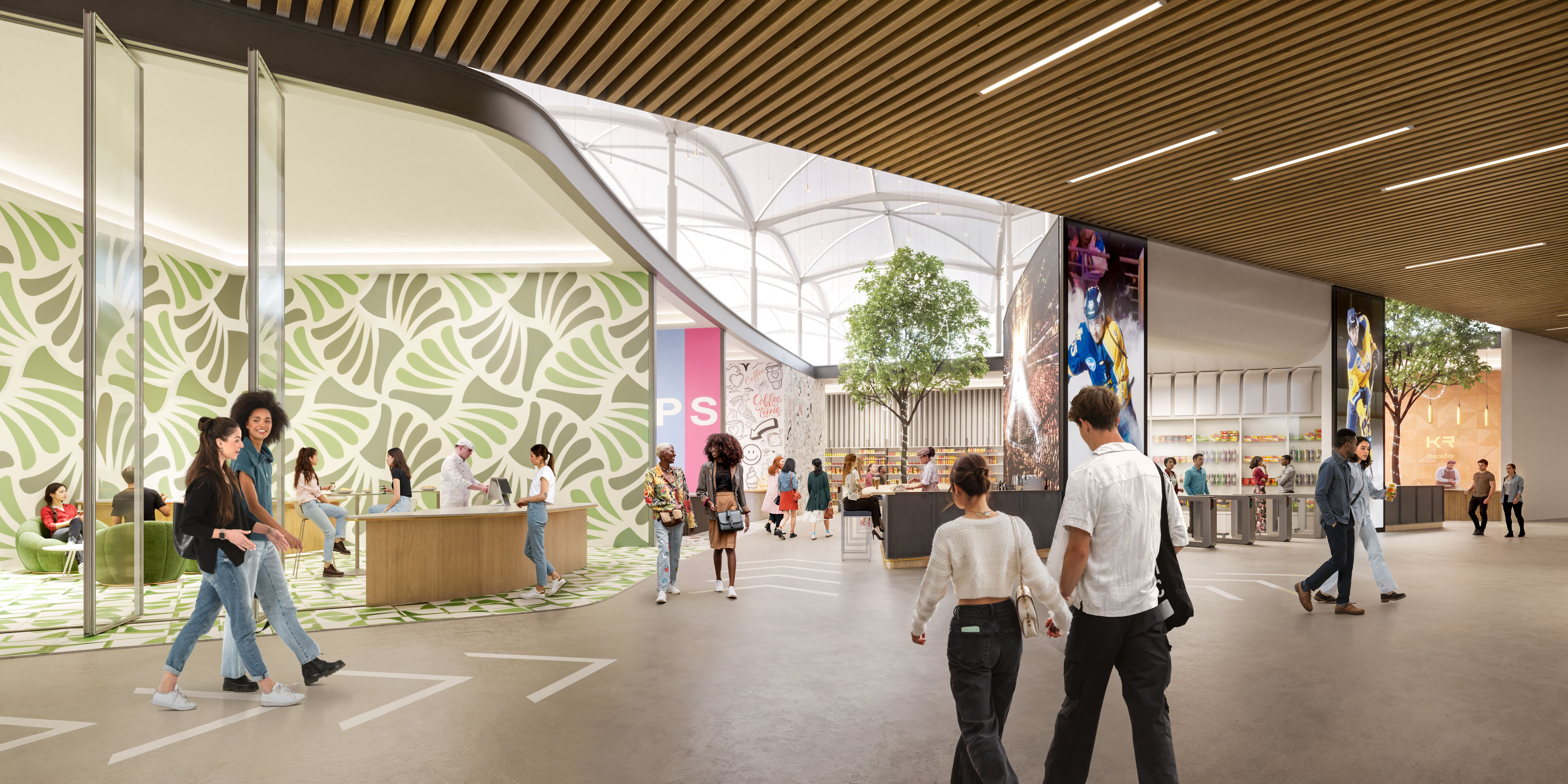 Architectural visualization of a sports stadium concourse with open spaces, modern design, and fans gathering before the event.