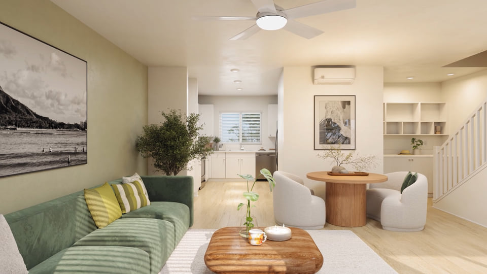 High-quality architectural visualization of D.R. Horton Honolulu living space featuring warm tones and natural light
