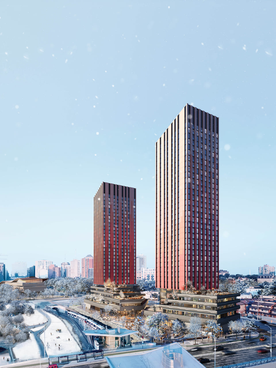 3D rendering of mixed-use residential towers at Lebreton Flats, Ottawa with public plaza and city skyline view