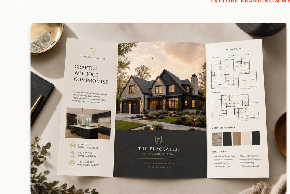 Luxury tri-fold single-family home marketing brochure for The Blackwell at Harbison Hollow with exterior rendering, floor plans, and curated finishes