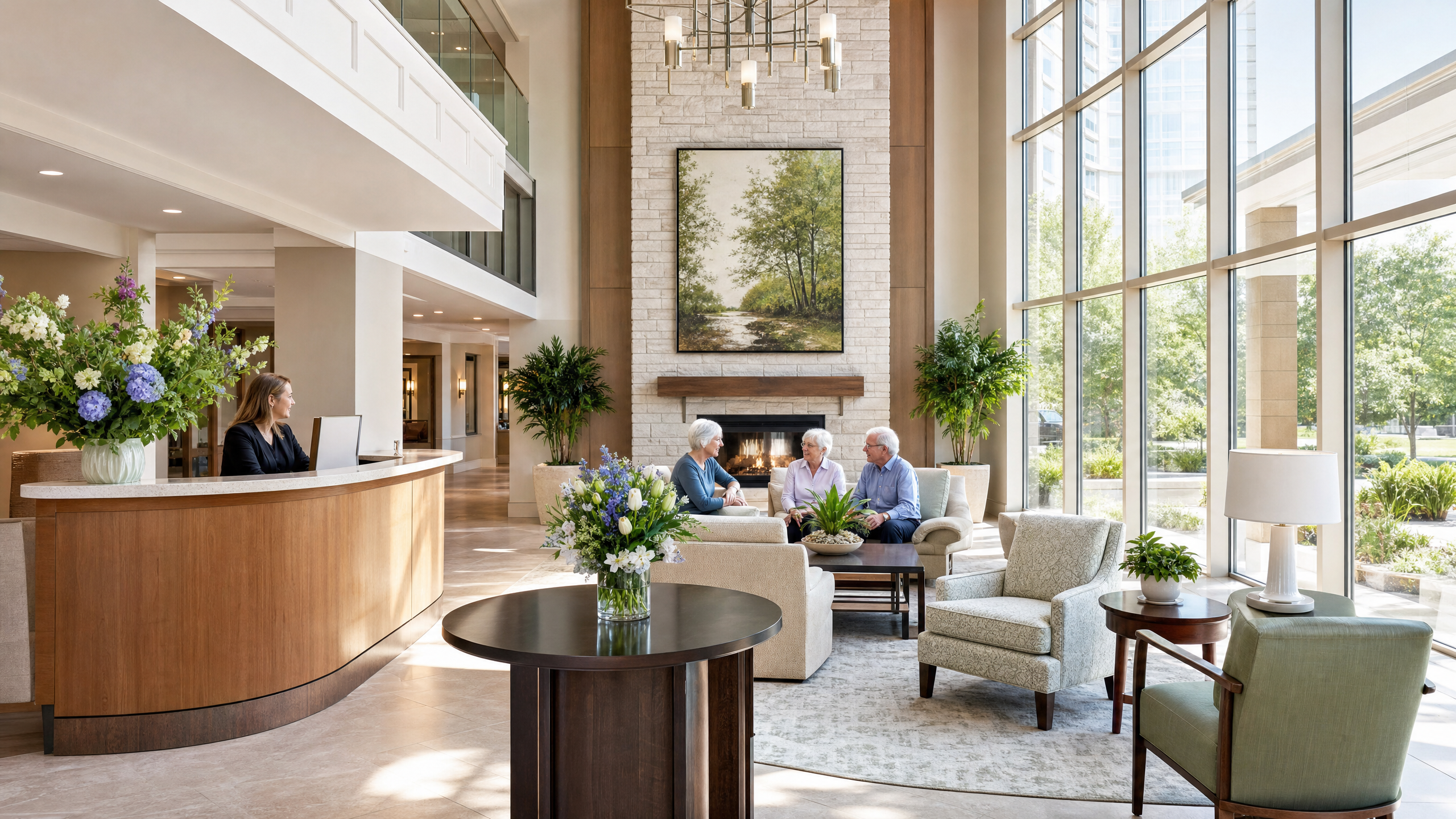 Senior living lobby rendering with residential seating groups, natural materials, and daylight from tall windows